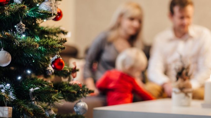 juletræ med sløret familie i baggrunden